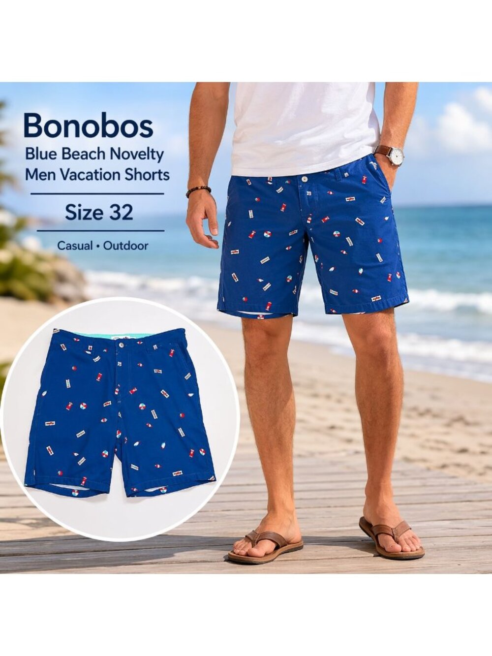 Bonobos Blue Beach Novelty Men Vacation Shorts Size 32 Casual Outdoor Pool Beach